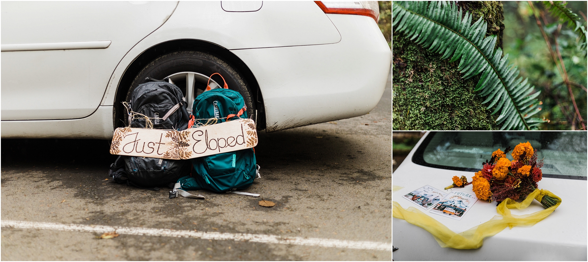 Some hiking backpacks decorated with Just Elope signs and a bouquet and vow books sit on the truck of a white sedan before a couple's PNW hiking adventure elopement in Oregon. | Erica Swantek Photography