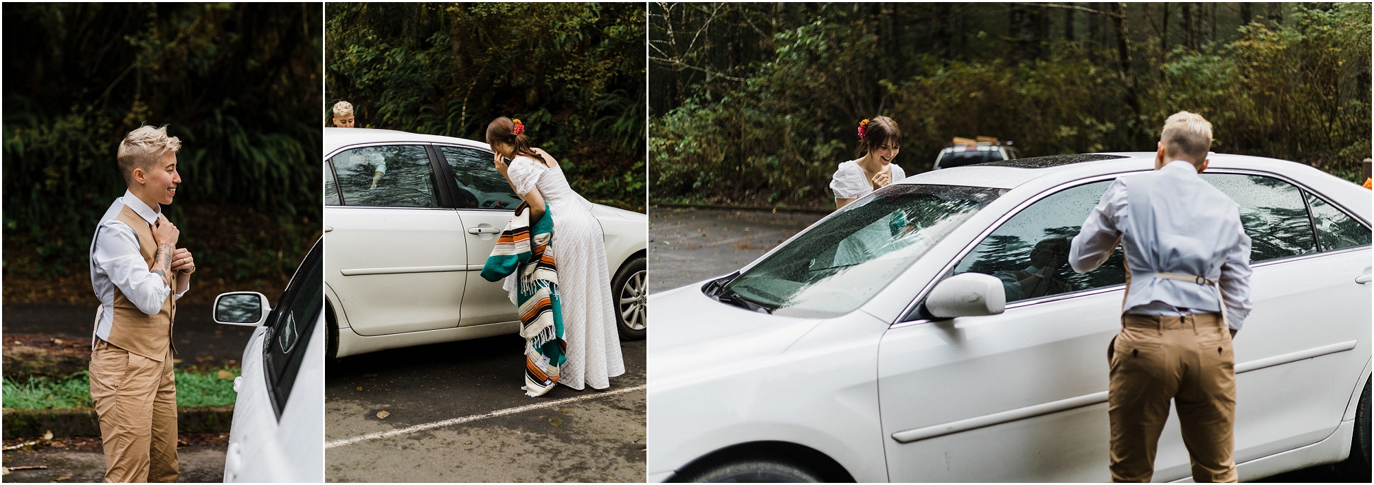 A couple gets ready for their PNW hiking adventure elopement by putting the final touches to their look at their car. | Erica Swantek Photography