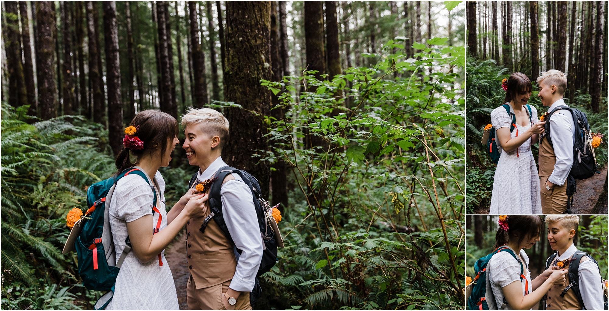 A bride wearing a simple white capped sleeve dress from BHLDN pins a marigold boutonnière on the tan vest of her partner as they get ready to hike down to the waterfall for their adventure elopement. | Erica Swantek Photography