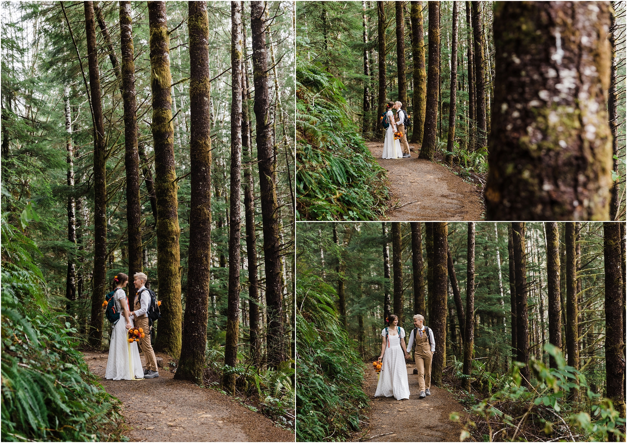 A couple hikes a lush spruce forest trail in their wedding attire for their PNW hiking adventure elopement in Oregon. | Erica Swantek Photography