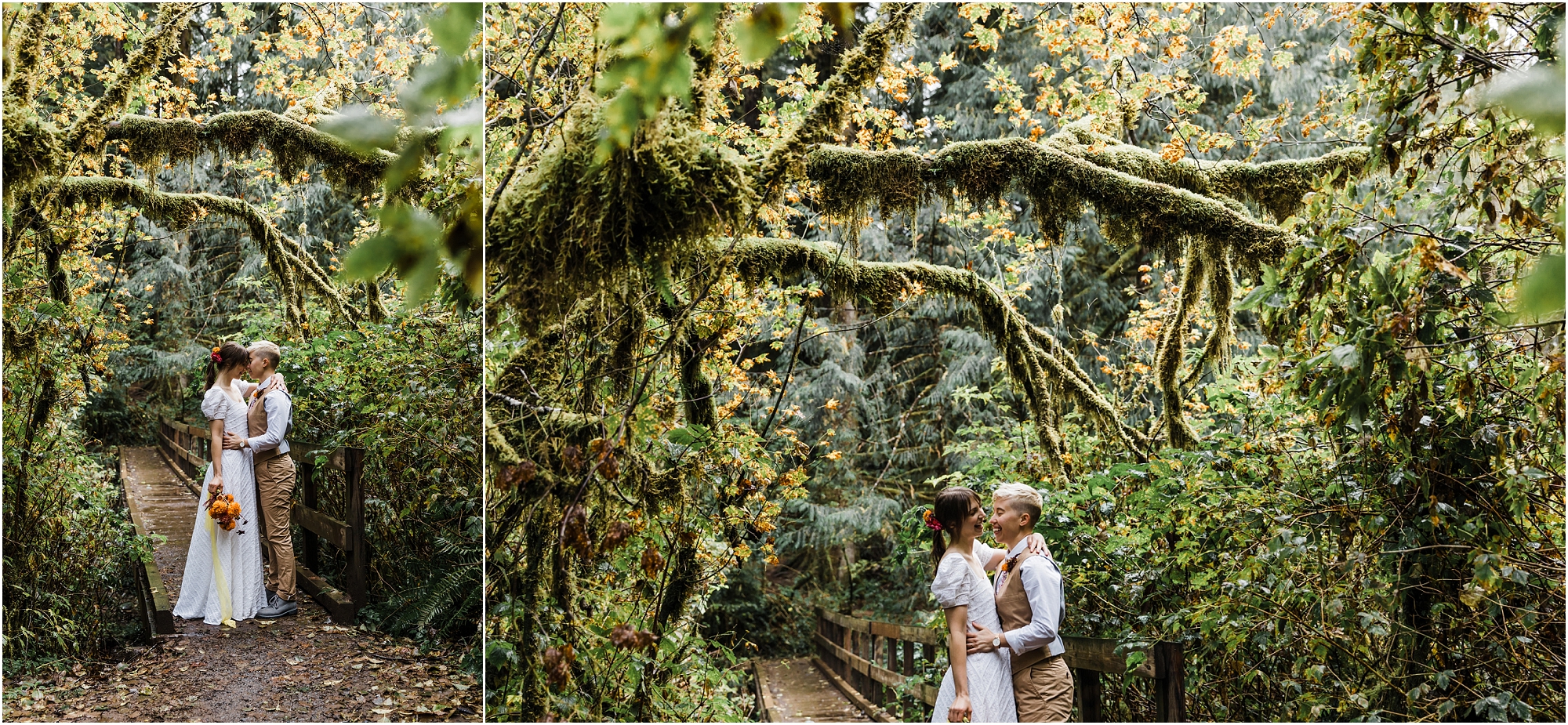 Moss lines low hanging tree branches as this couple wearing white and tan embrace in a kiss before their PNW hiking adventure elopement on the Drift Creek Falls trail in Oregon. | Erica Swantek Photography