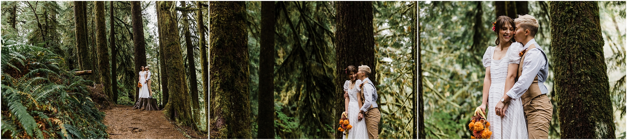 A large cut stump is the perfect perch for a couple to stand on in their wedding clothes along the trail to Drift Creek Falls where they will elope in a private ceremony just for them. | Erica Swantek Photography