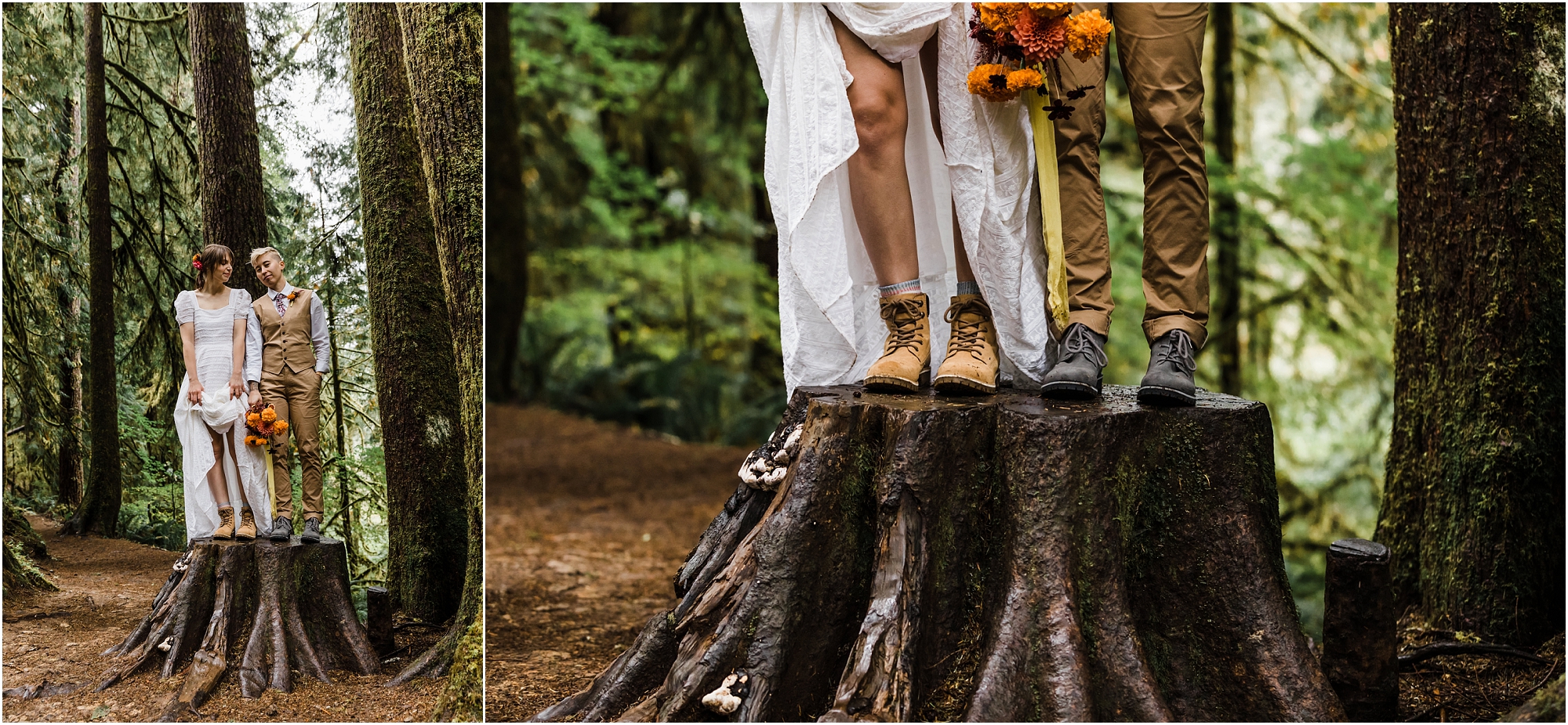 Hiking boots and a white wedding dress are perfect attire for your PNW hiking adventure elopement in Oregon. | Erica Swantek Photography