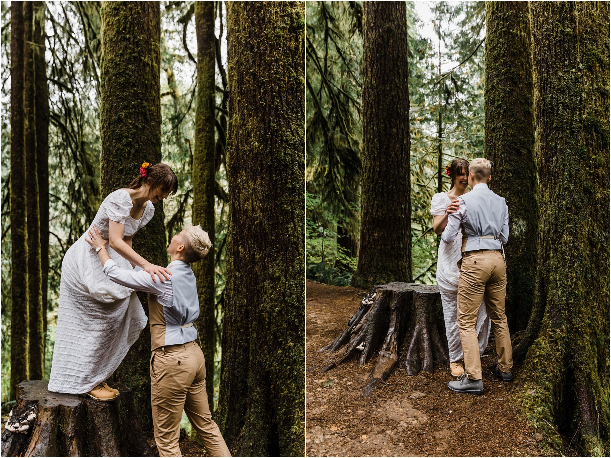 A LGBTQ+ PNW hiking adventure elopement in the Oregon coastal forest along the Drift Creek Falls trail. | Erica Swantek Photography