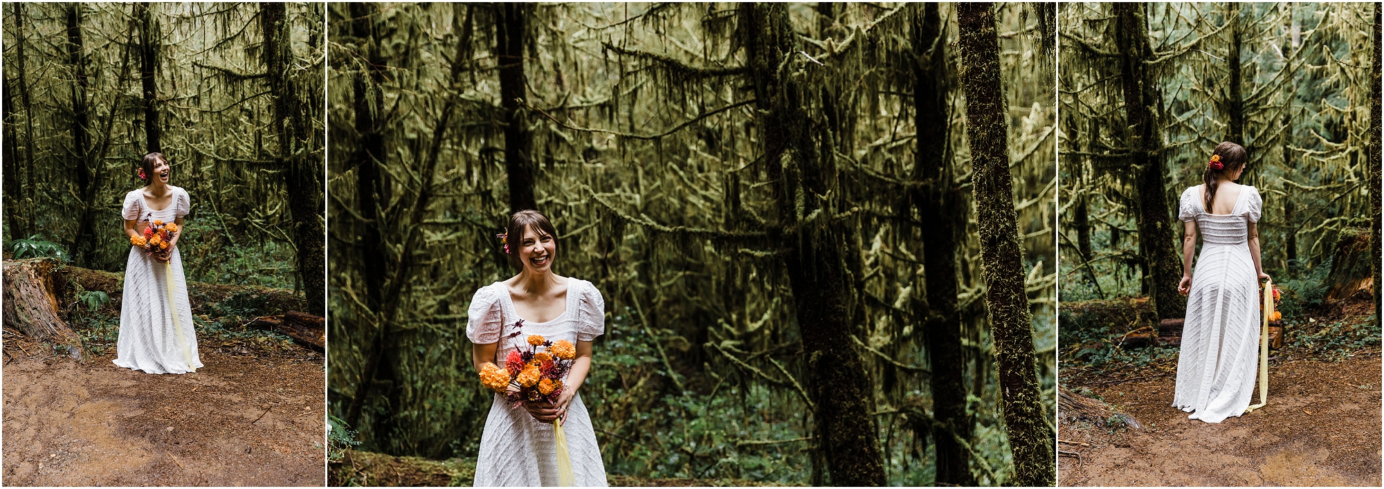 A gorgeous bride wearing a white puff sleeved BHLDN dress with an orange marigold bouquet standing in a beam of diffuse light in the dark PNW forest for her adventure elopement in Oregon. | Erica Swantek Photography