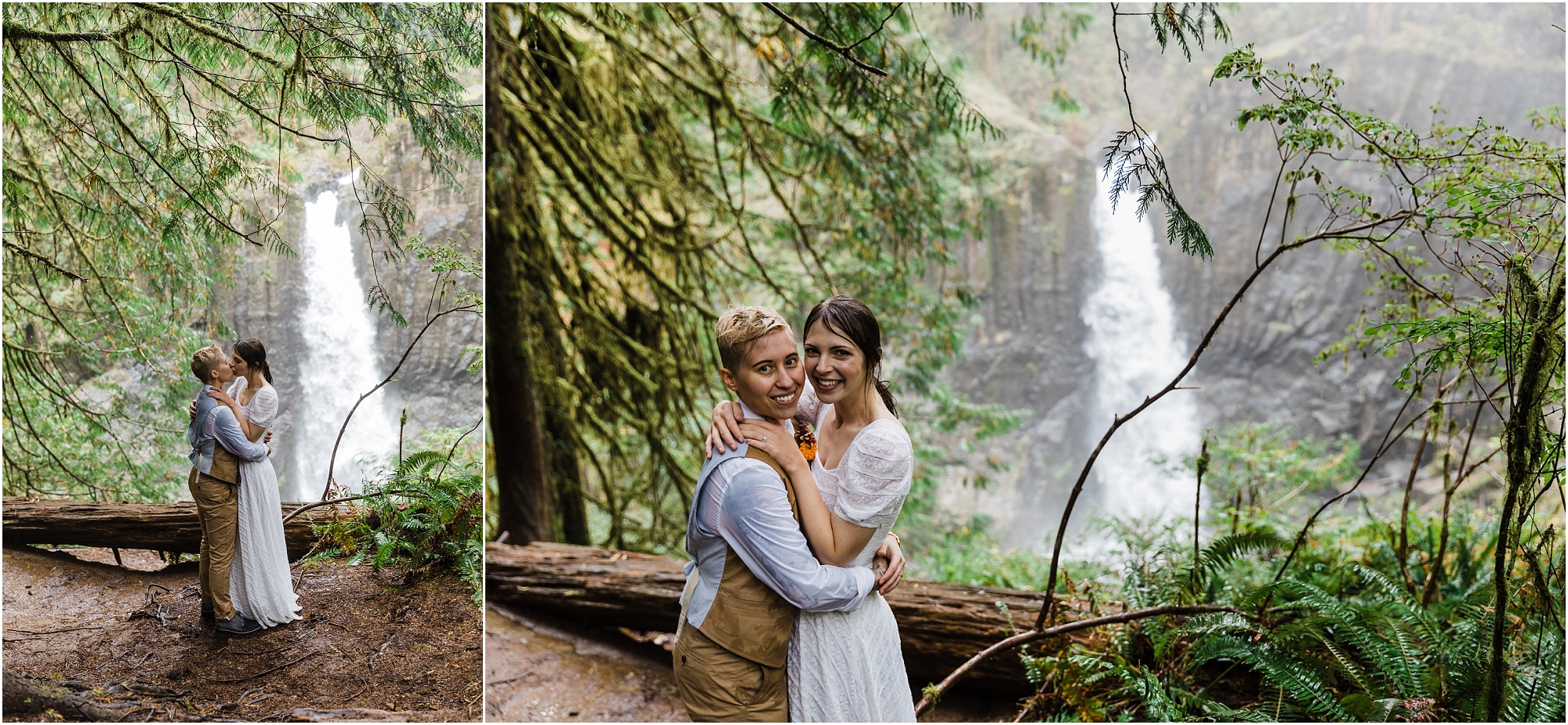 A LGBTQ+ couple pose in their wedding attire in front of Drift Creek Falls in Oregon soaking wet from the pouring rain during their epic PNW hiking adventure elopement. | Erica Swantek Photography