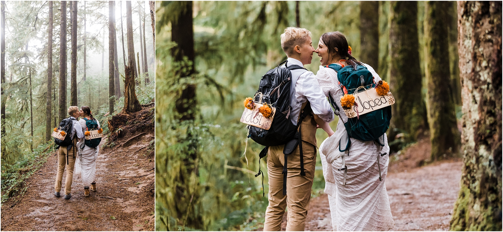A beautiful black and white image of an LGBTQ+ couple celebrating their union with a unique PNW hiking adventure elopement in Oregon. | Erica Swantek Photography