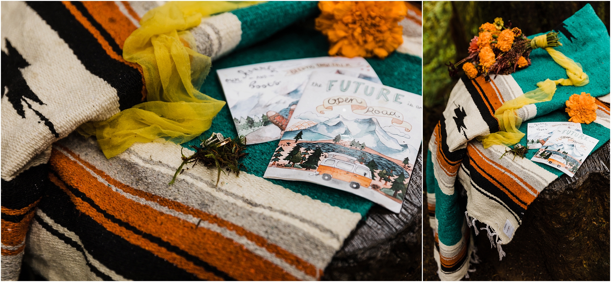 Wedding details with personal vow cards, orange and red marigold flowers, a wool blanket in teal and orange, and rings resting on a bed of moss add to the story of this PNW hiking adventure elopement in Oregon. | Erica Swantek Photography
