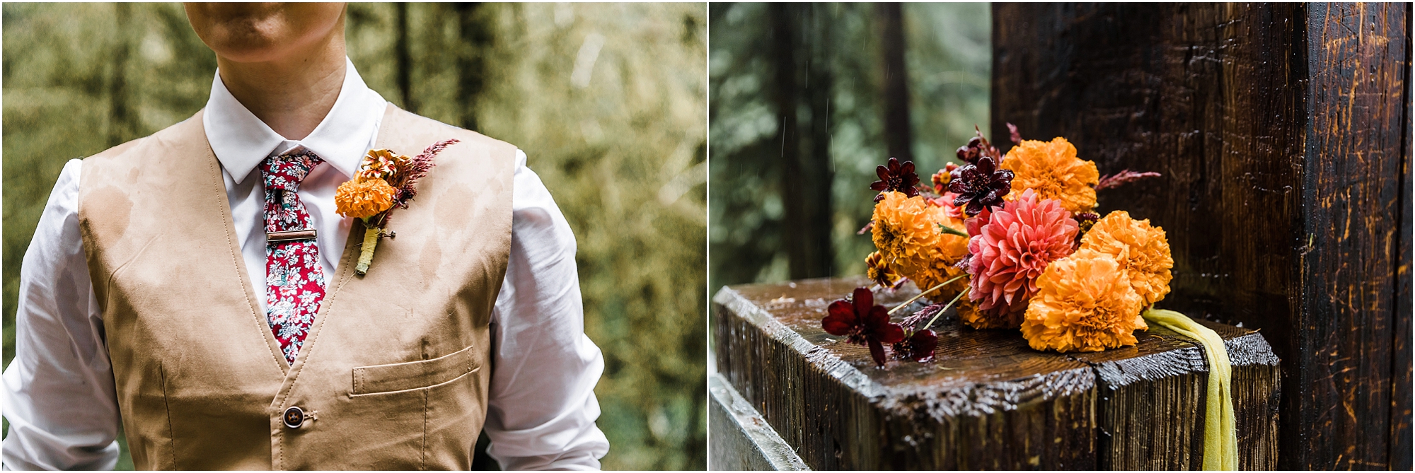 A gorgeous orange marigold bouquet and boutonniere for a PNW hiking adventure elopement in the Oregon coastal forest. | Erica Swantek Photography