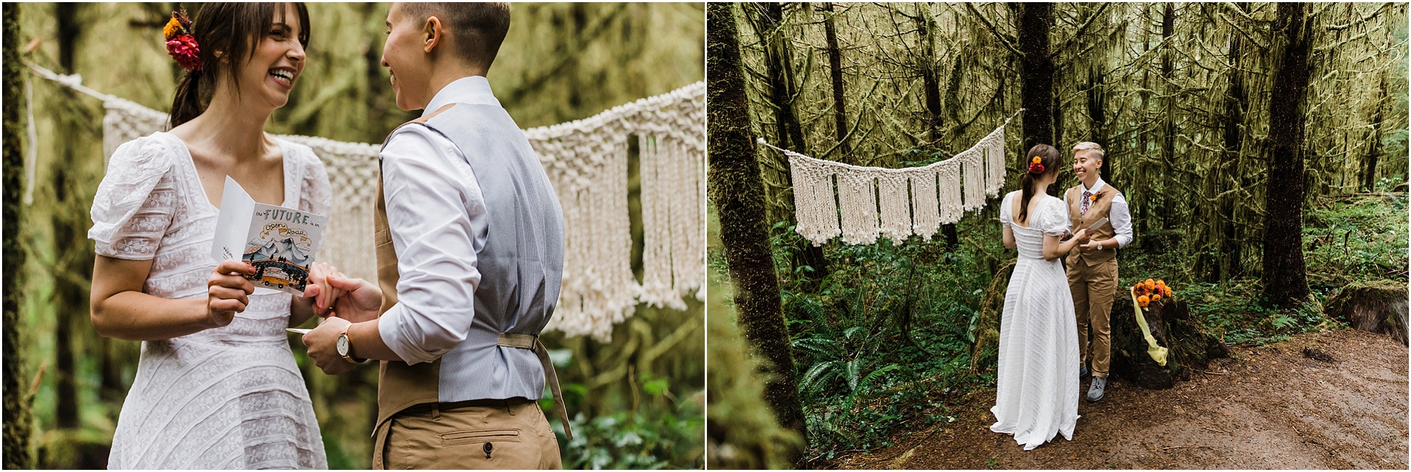 A LGBTQ+ couple holds hands as they read their vows to each other on the Drift Creek Falls trail for their PNW hiking adventure elopement in Oregon. | Erica Swantek Photography