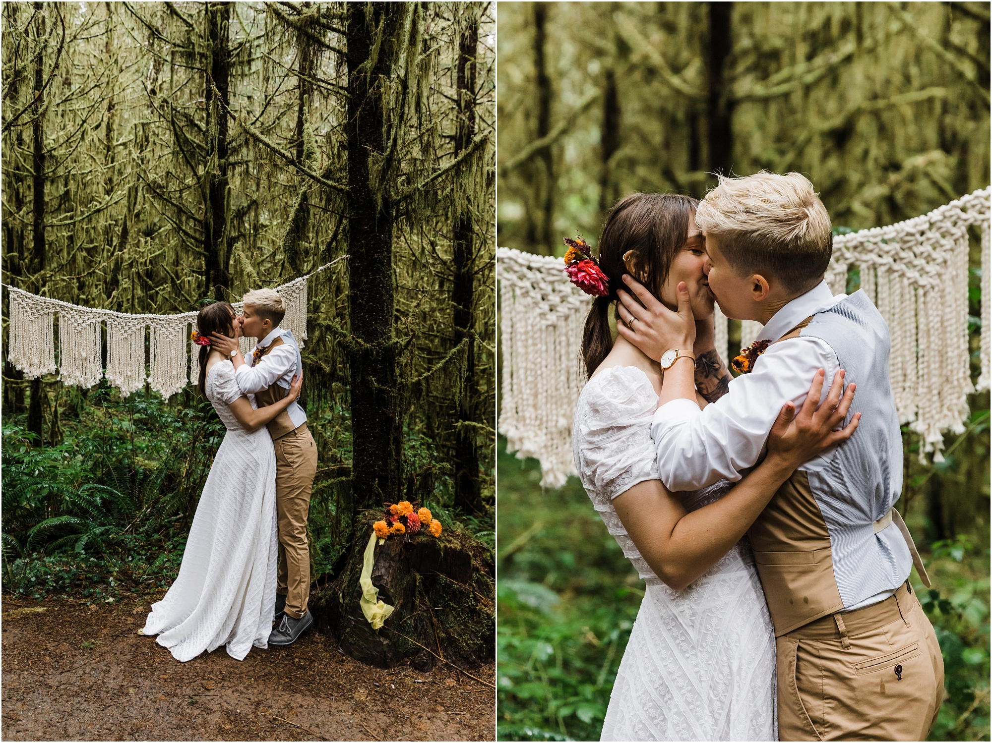 A LGBTQ+ couple shares a kiss to seal their wedding vows at their intimate elopement in the coastal forest of Oregon during their PNW hiking adventure elopement. | Erica Swantek Photography