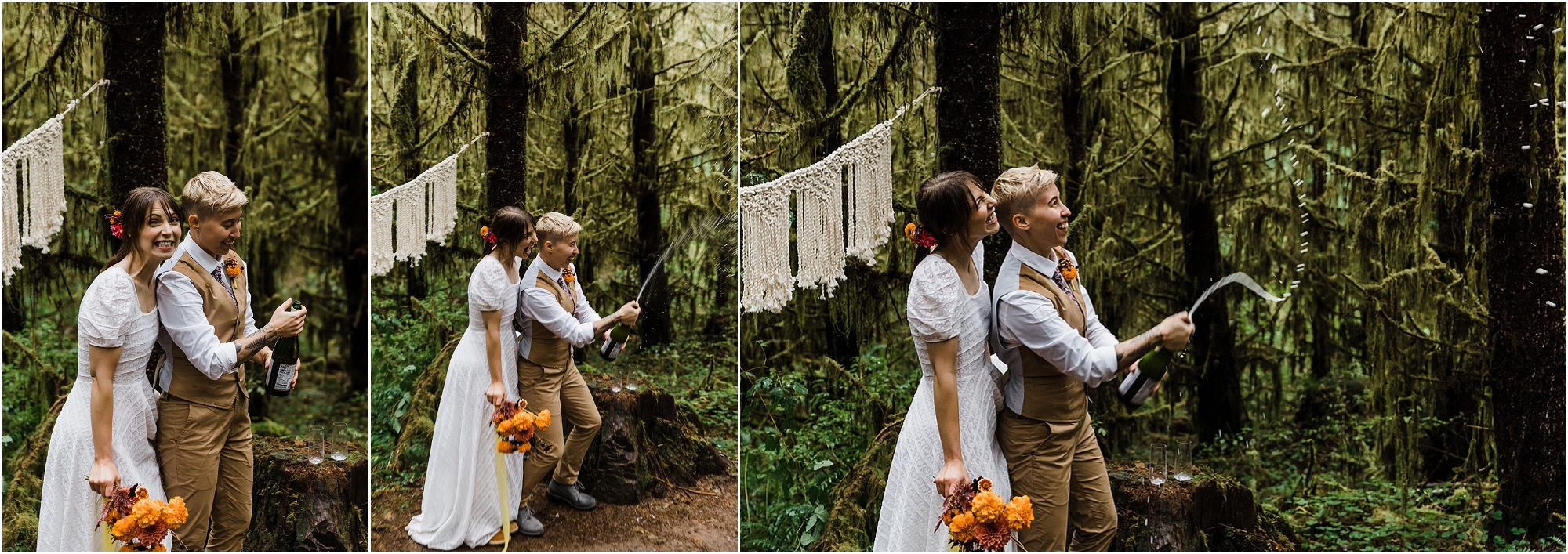 A LGBTQ+ couple celebrates their union by popping sparkling water after their gorgeous PNW hiking adventure elopement ceremony in Oregon. | Erica Swantek Photography
