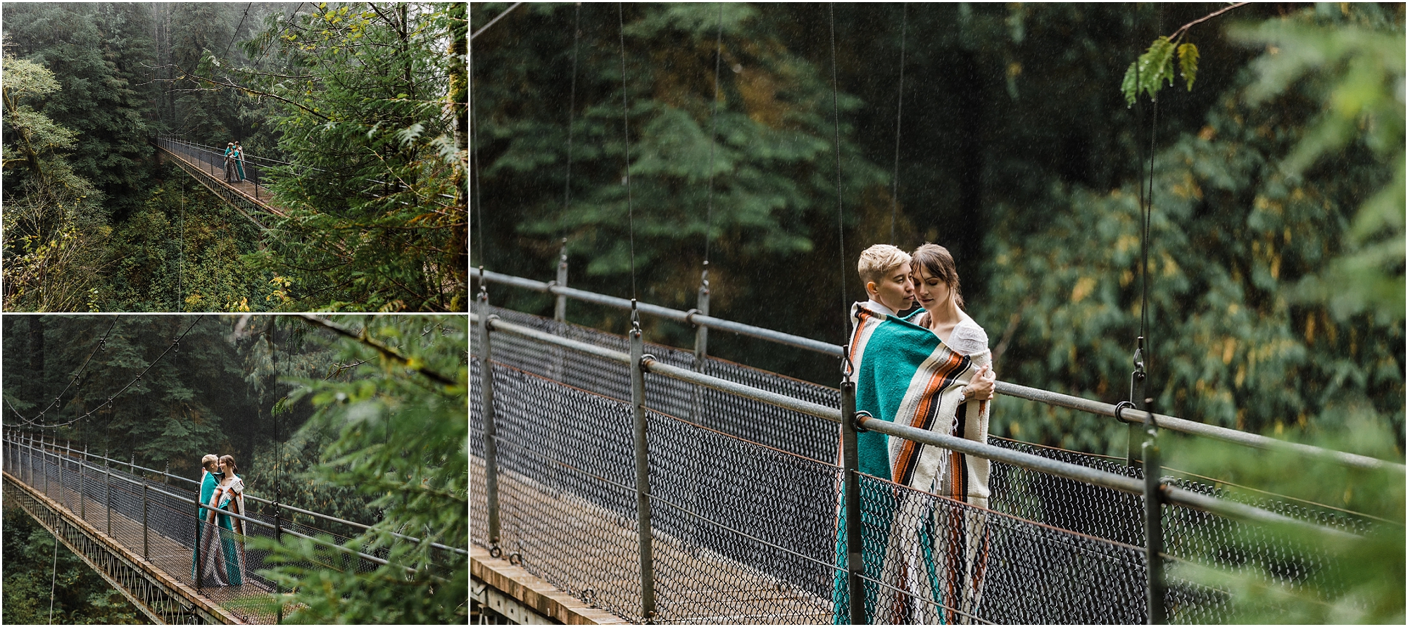 A gorgeous LGBTQ+ couple snuggles in a teal and orange wool blanket on a suspension bridge over Drift Creek Falls in Oregon as the rain falls steadily on them for their PNW hiking adventure elopement. | Erica Swantek Photography