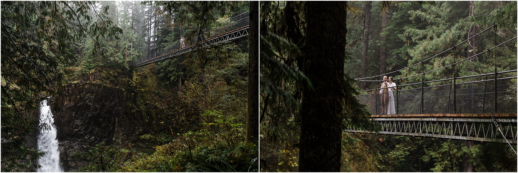 A gorgeous LGBTQ+ couple snuggles in a teal and orange wool blanket on a suspension bridge over Drift Creek Falls in Oregon as the rain falls steadily on them for their PNW hiking adventure elopement. | Erica Swantek Photography