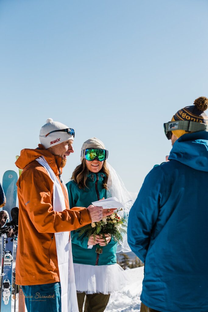 adventurous ski elopement ceremony during winter elopement at mt bachelor