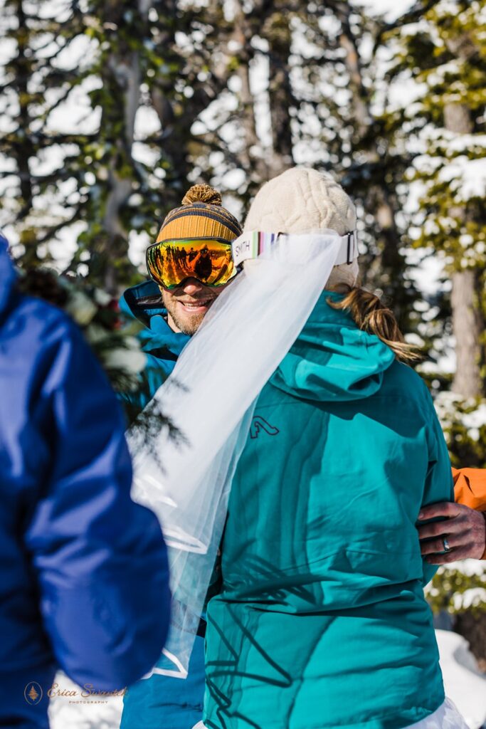 adventurous ski elopement ceremony during winter elopement at mt bachelor