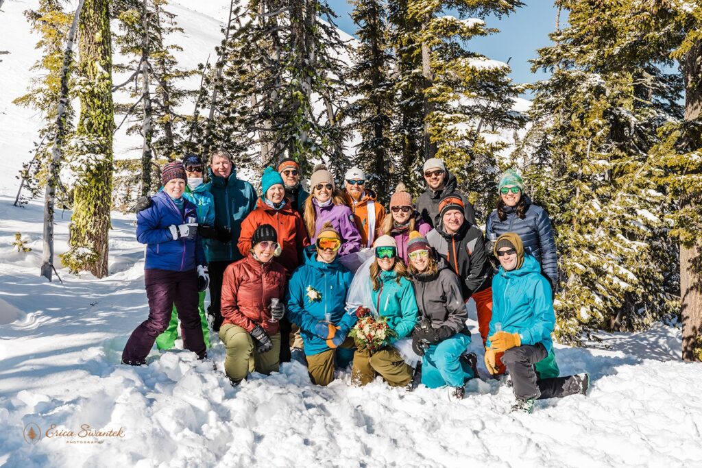 bride and groom with their friends, all in ski gear, at mt bachelor