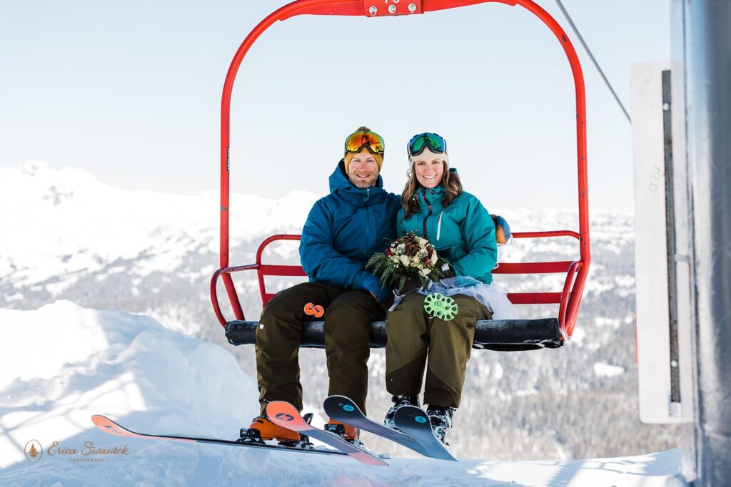 bride and groom on a ski lift at mt bachelor