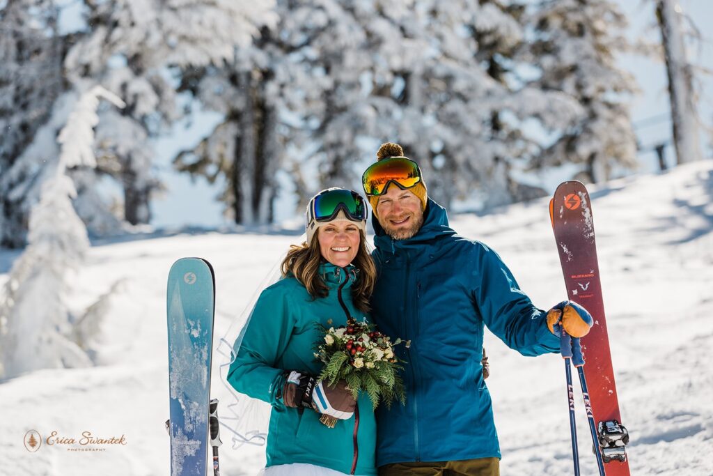 bride and groom in their ski gear during their ski elopement a mt bachelor, or