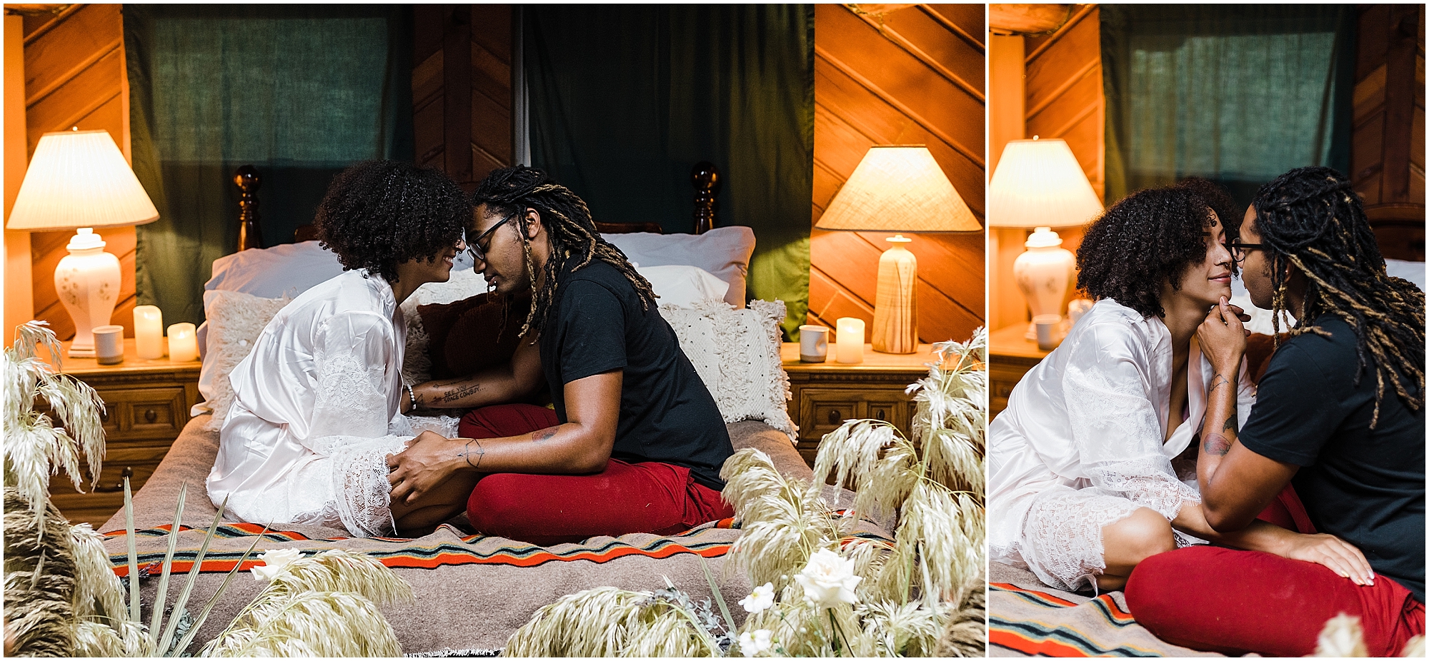 A black couple faces each other, with the woman wearing a white robe and the man in black t-shirt and red sweat pants as they enjoy the morning together on their Oregon Coast elopement day. | Erica Swantek Photography