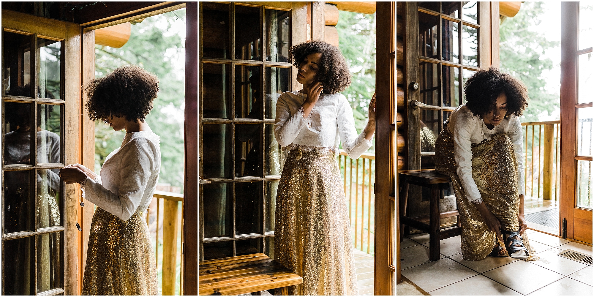 A black bride wearing a white cropped top and gold sequined skirt stands in the doorway of a rustic cabin as she gets ready for her Oregon Coast elopement on the beach at Proposal Rock in Neskowin, Oregon. | Erica Swantek Photography
