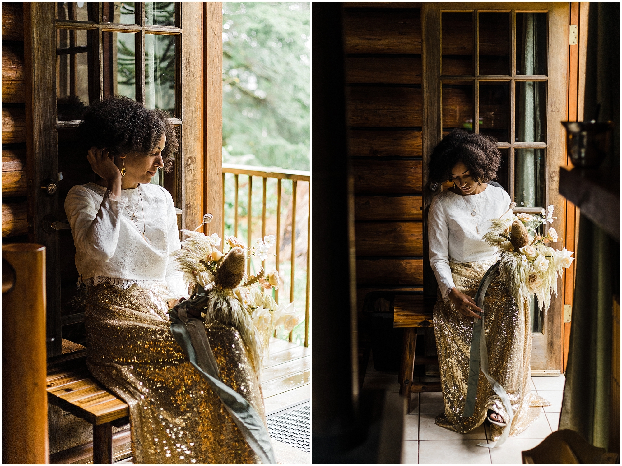 A black bride wearing a white cropped top and gold sequined skirt sits in the doorway of a rustic cabin as she gets ready for her Oregon Coast elopement on the beach at Proposal Rock in Neskowin, Oregon. | Erica Swantek Photography