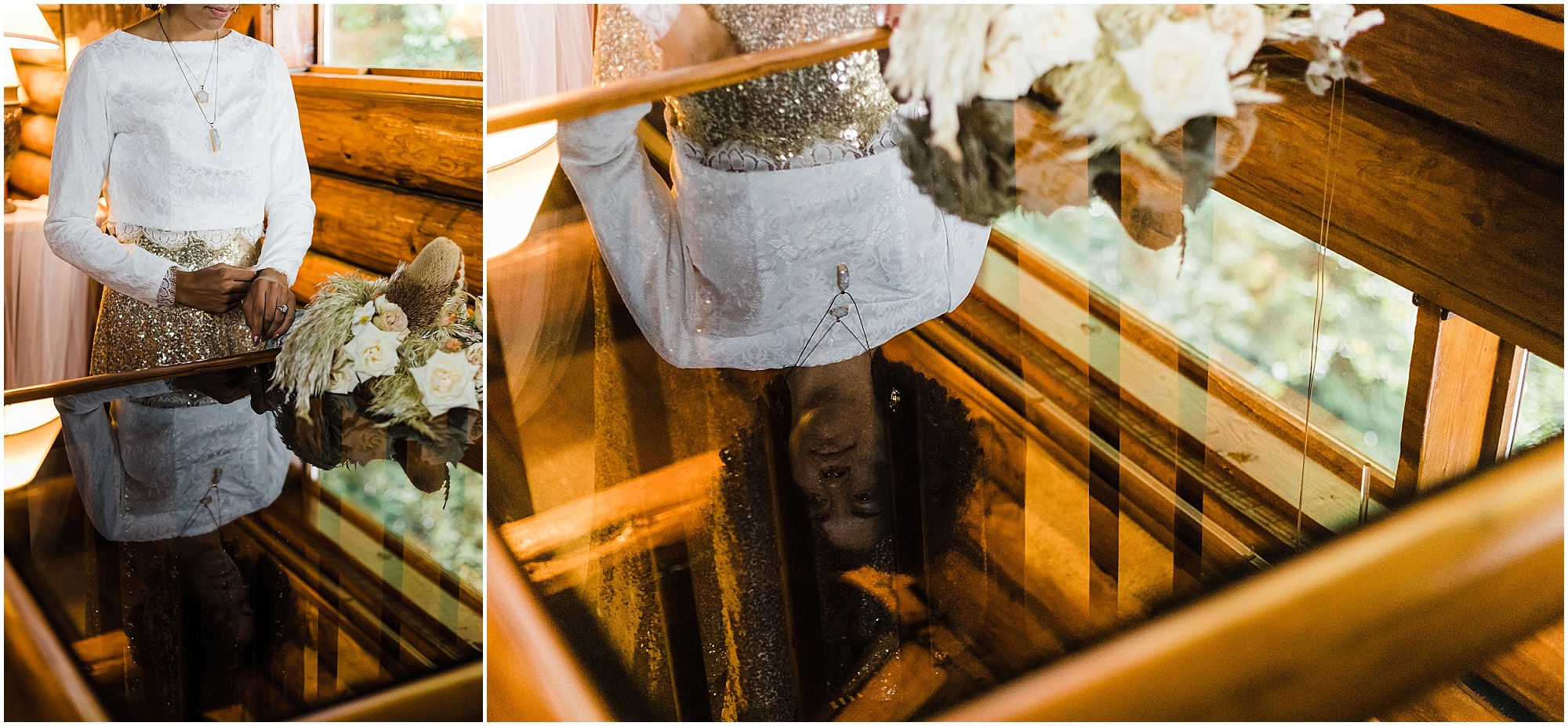 A bride's reflection in the glass as she takes a quiet moment before her first look outside of her cabin near Lincoln City, Oregon. | Erica Swantek Photography