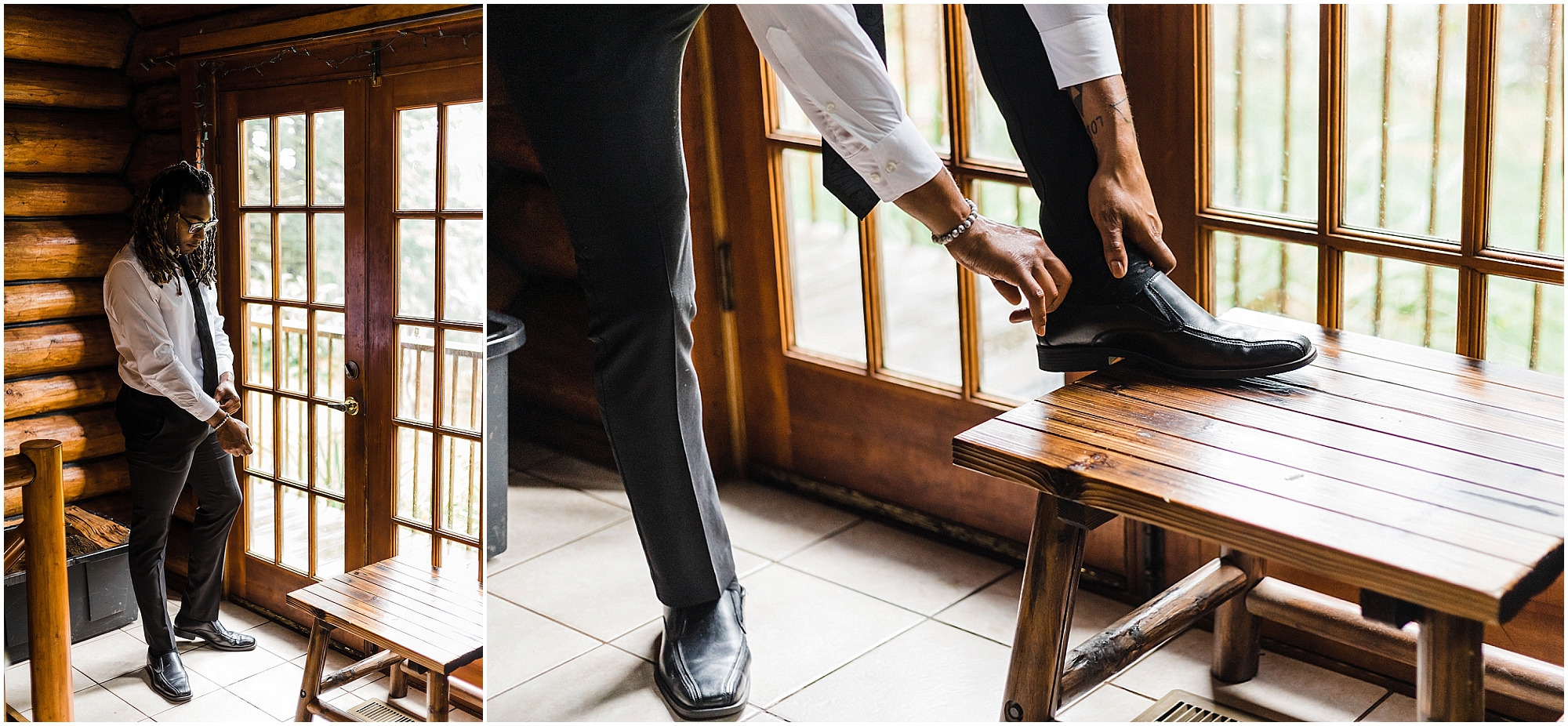 A BIPOC groom puts on his shoes and buttons the sleeves of his white dress shirt in the doorway of a rustic cabin in the woods before the first look with his fiancé on the afternoon of his Oregon Coast elopement. | Erica Swantek Photography 