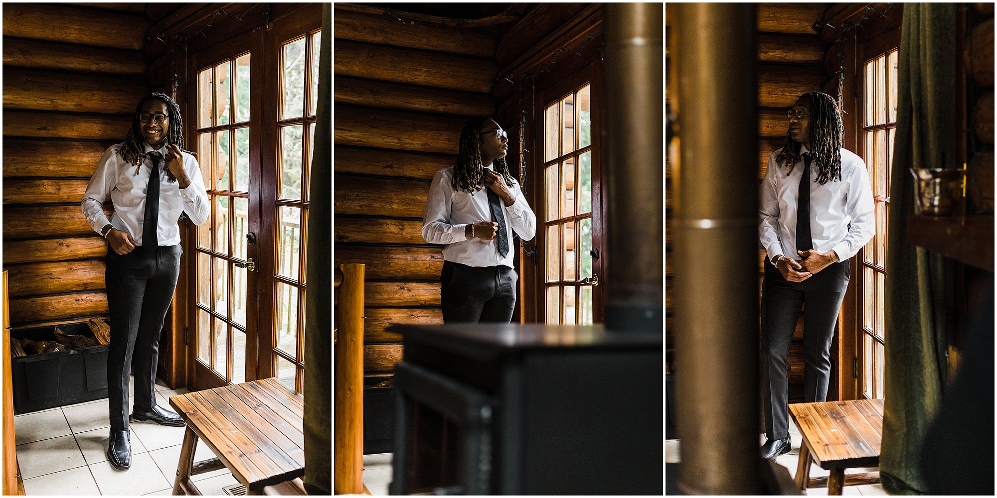 A black groom adjusts his tie in the doorway of a rustic cabin in the woods before the first look with his fiancé on the afternoon of his Oregon Coast elopement. | Erica Swantek Photography