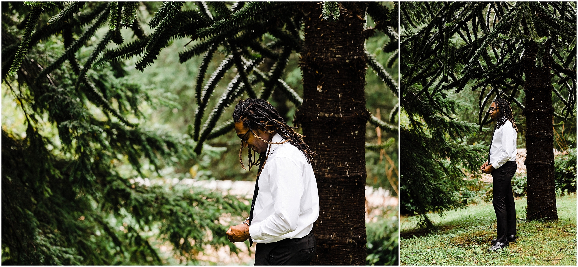 A groom wearing a white long sleeve shirt and black pants stands under the Monkey Puzzle Tree outside of his rustic Oregon Coast mountain cabin waiting for the first look with his gorgeous black bride-to-be. | Erica Swantek Photography