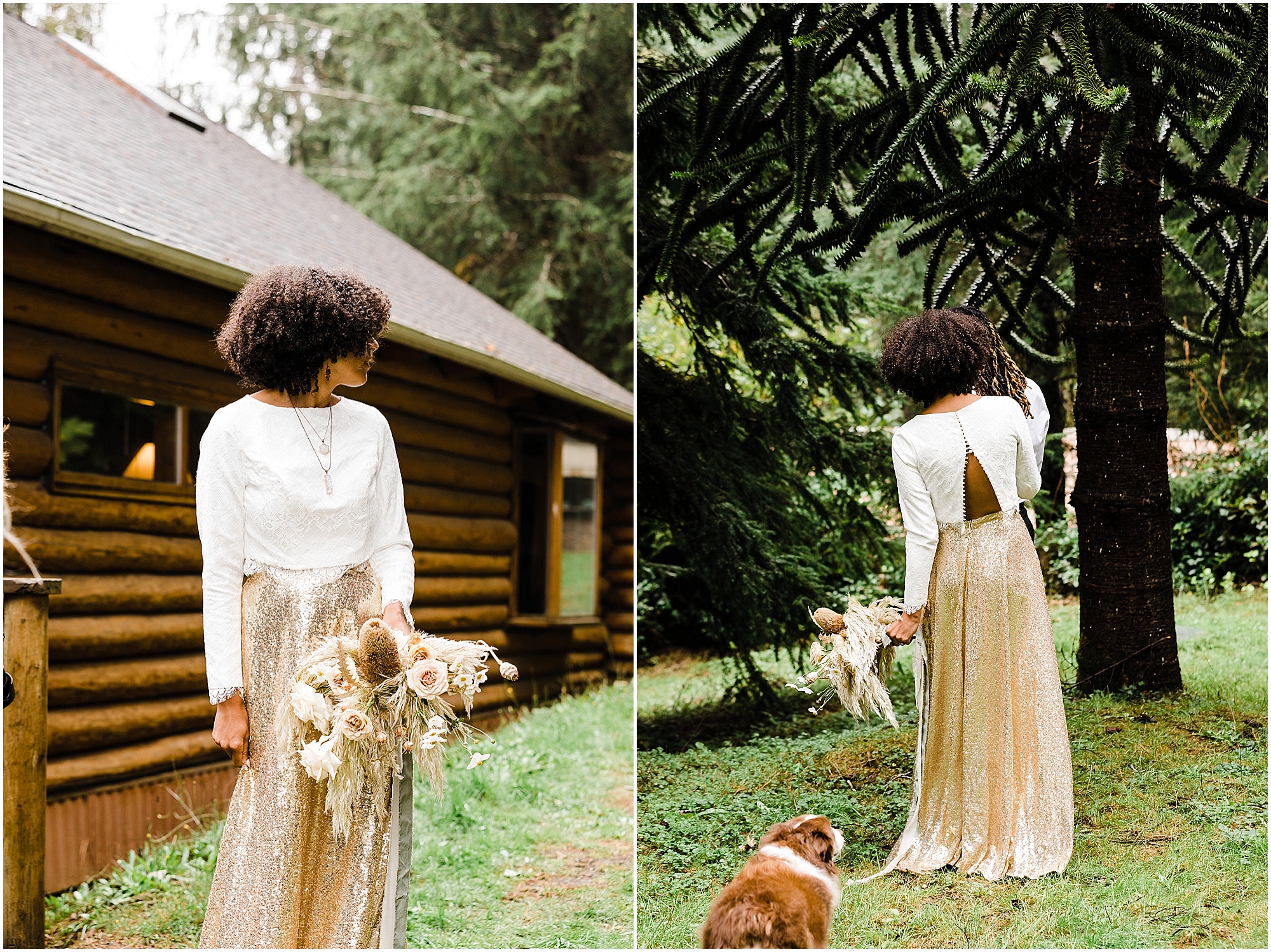 A stunning black bride, wearing a gold sequined skirt and long sleeve white crop top, carries a neutral palette flower bouquet as she walks towards her groom outside of their cabin before their Oregon Coast elopement near Lincoln City. | Erica Swantek Photography