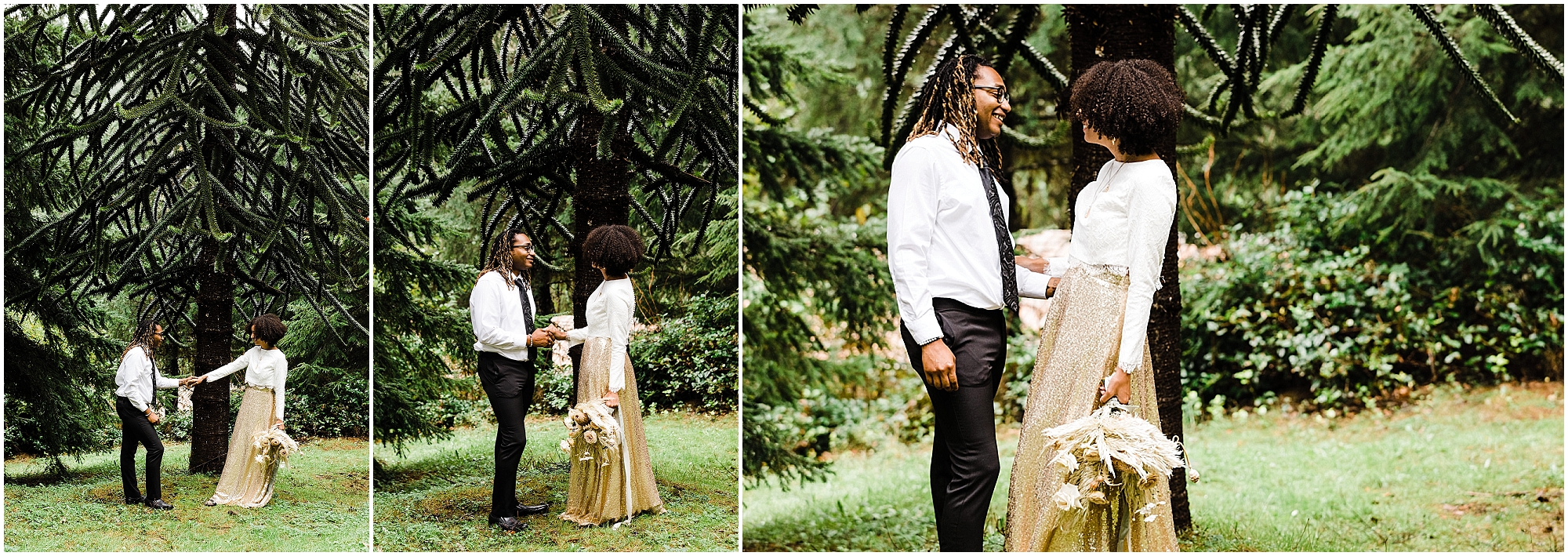 A groom smiles as he sees his gorgeous bride for the first look in the forest outside their cabin on their Oregon Coast elopement day. | Erica Swantek Photography
