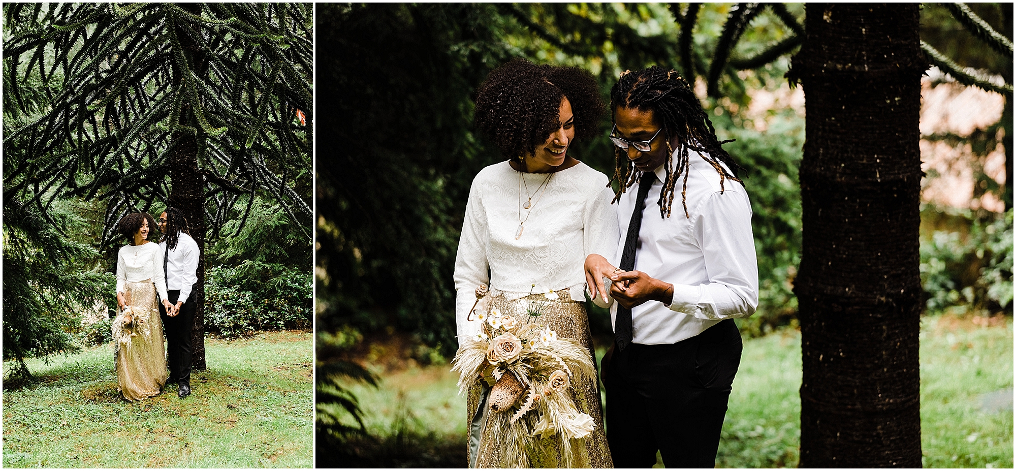 A black couple stands under a conifer tree outside their cabin in the mountains of Oregon on their elopement day. | Erica Swantek Photography