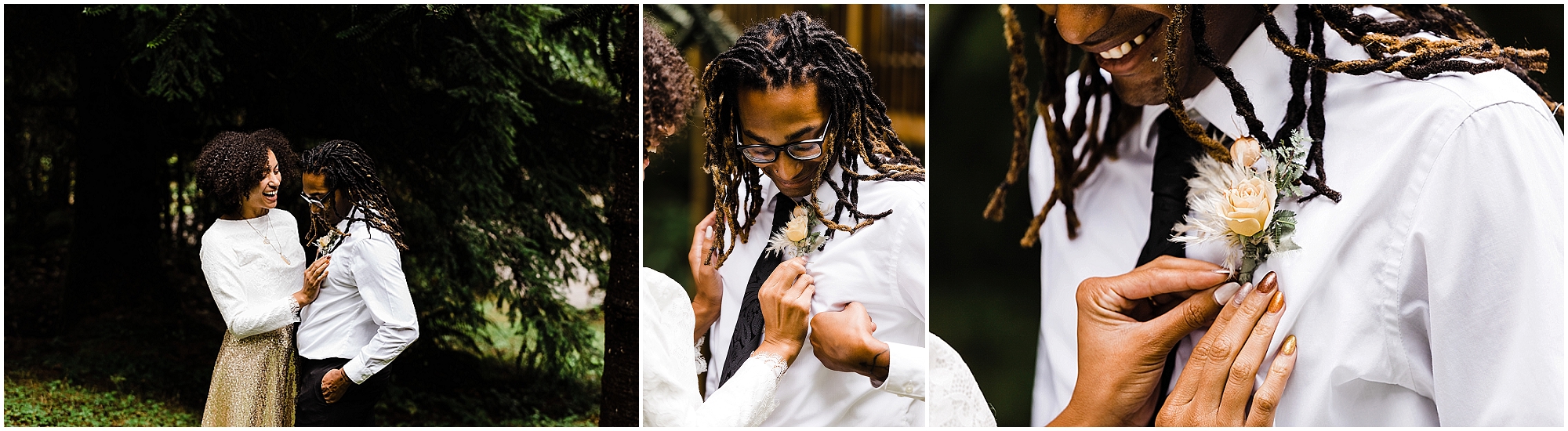 A bride pins a boutonniere made of a yellow rose and tan grasses onto her groom's white shirt for their Oregon Coast elopement at Proposal Rock in Neskowin. | Erica Swantek Photography 