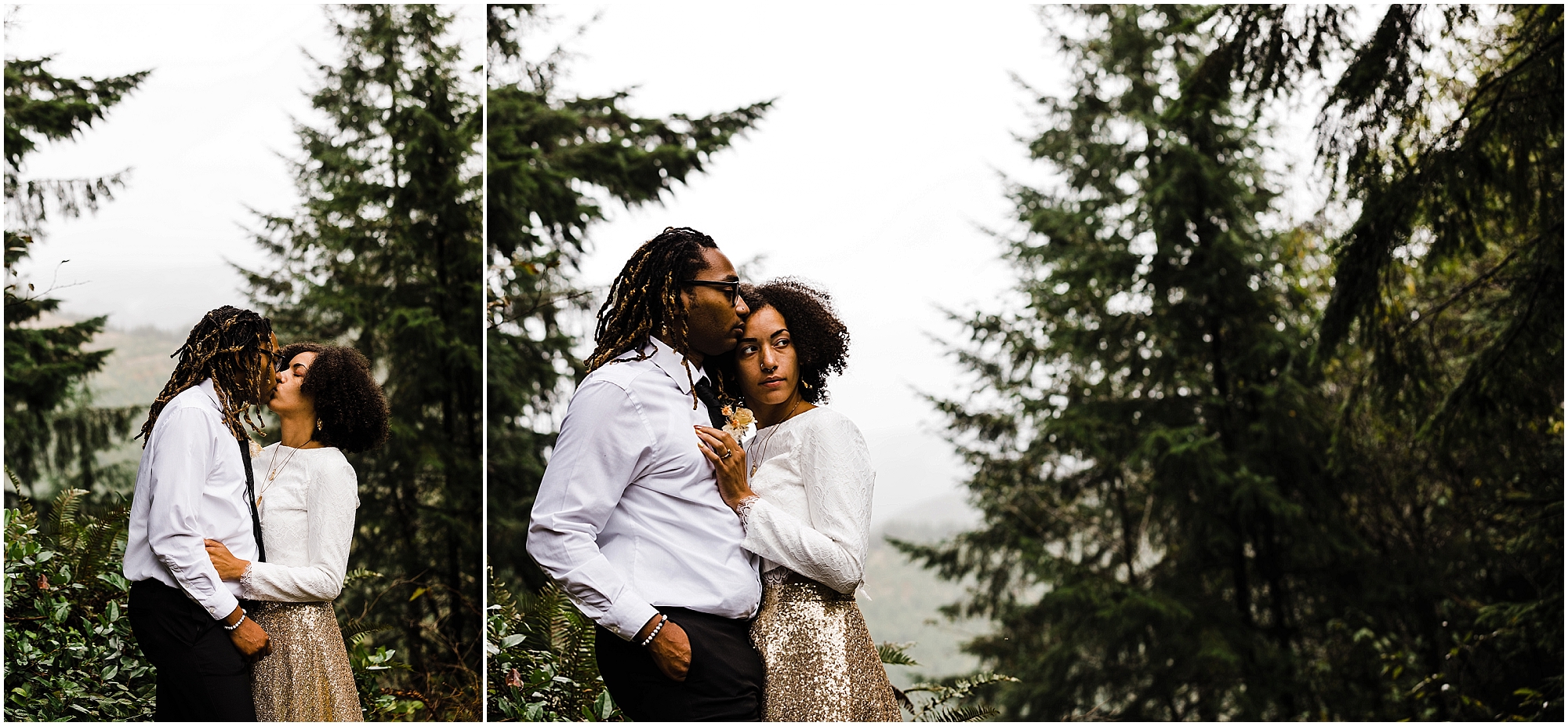 The fog hangs low in the Coastal mountains of Oregon as a lovely black couple stands wearing their wedding attire in the foreground of this Oregon Coast adventure elopement near Lincoln City. | Erica Swantek Photography