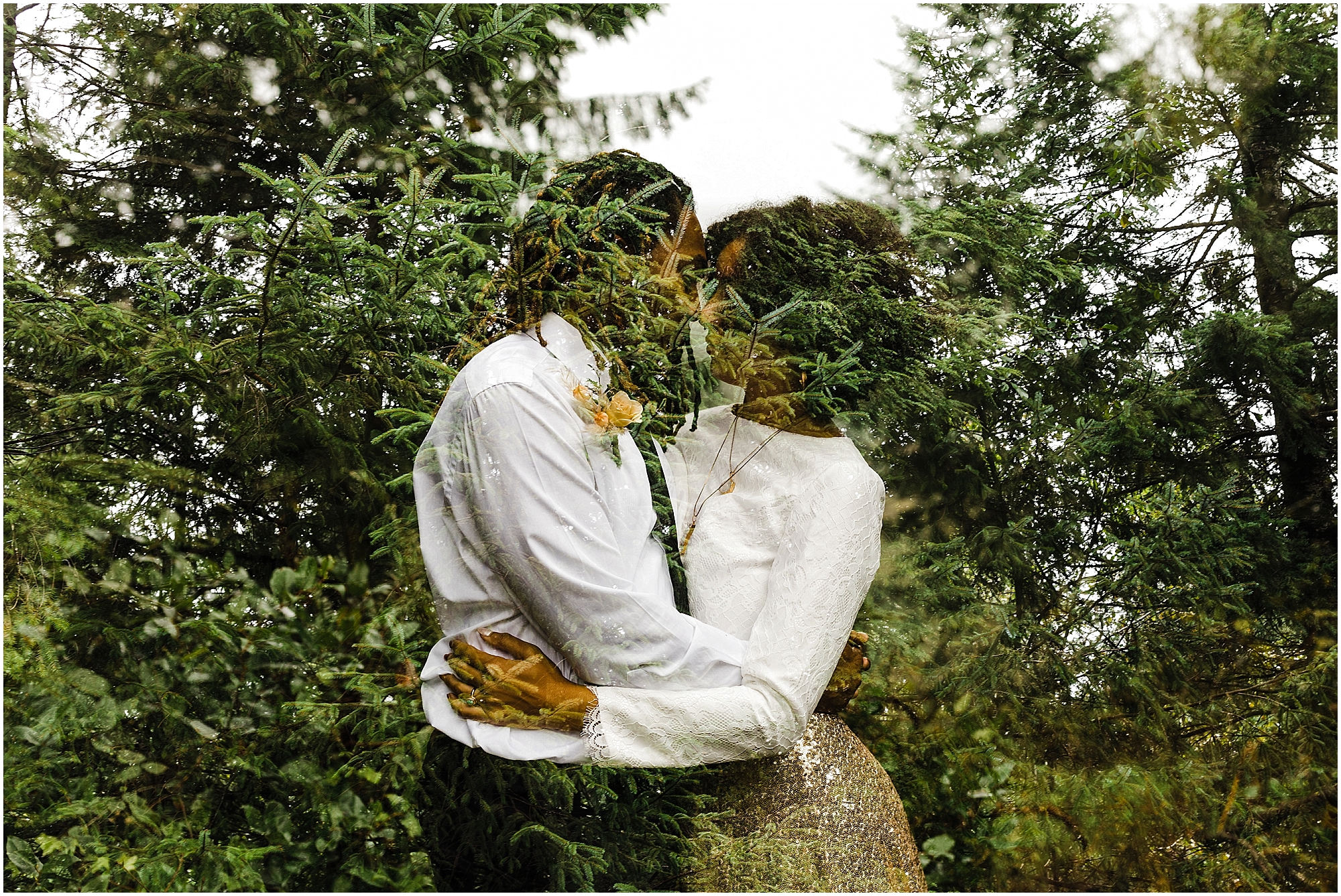 A unique double exposure image of a gorgeous black couple embracing, foreheads together in their wedding clothes before their Oregon Coast elopement. | Erica Swantek Photography