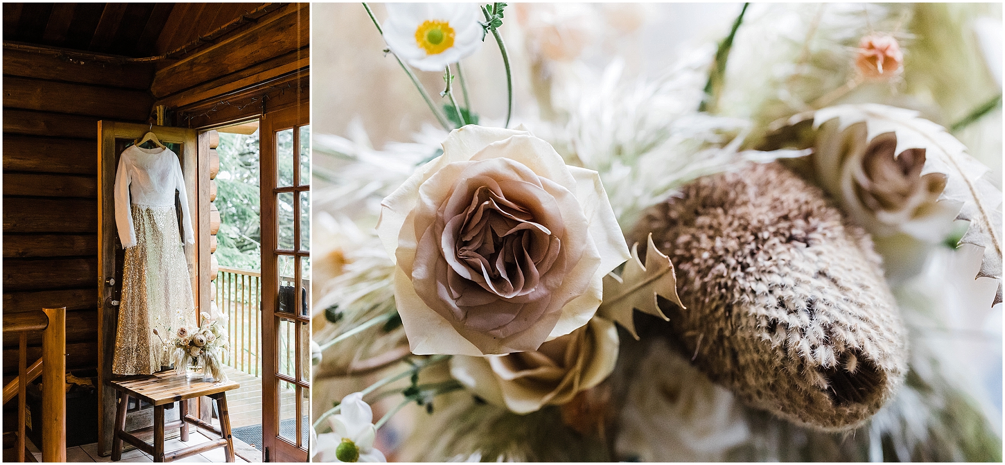A gorgeous gold sequined skirt and white crop top with a wedding bouquet in a neutral color palette for an earthy Oregon Coast elopement near Lincoln City. | Erica Swantek Photography