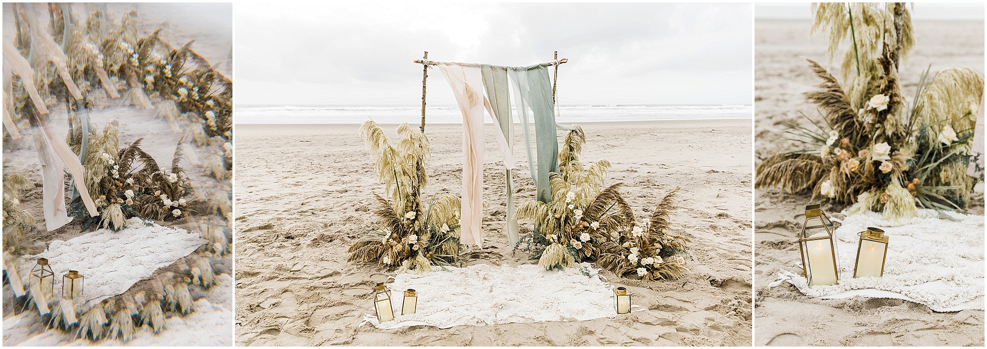 A simple wooden arch draped with hand dyed silk ribbons surrounded by tall tan and green grasses with delicate roses arranged on either side, and a cream rug with candle lanterns create this gorgeous ceremony location for an Oregon Coast elopement in Neskowin near Lincoln City. | Erica Swantek Photography