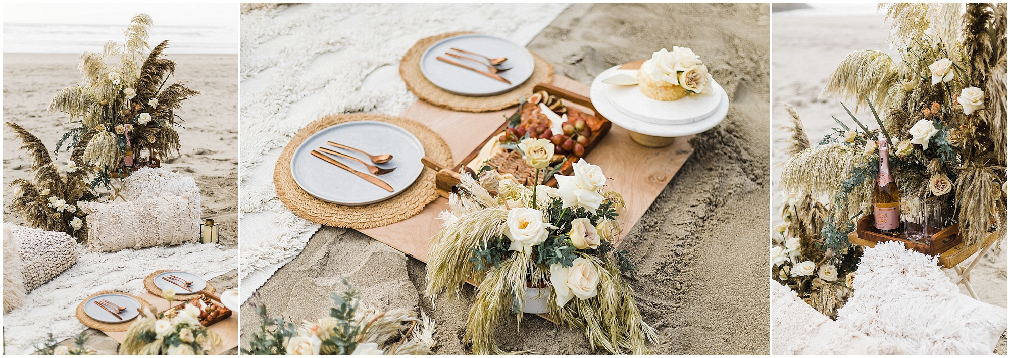 A romantic picnic on the beach featuring a charcuterie board, cake and champagne. A lovely sitting area with cream pillows, a white rug and beautiful florals decorate the sand for an intimate Oregon Coast elopement at Proposal Rock. | Erica Swantek Photography