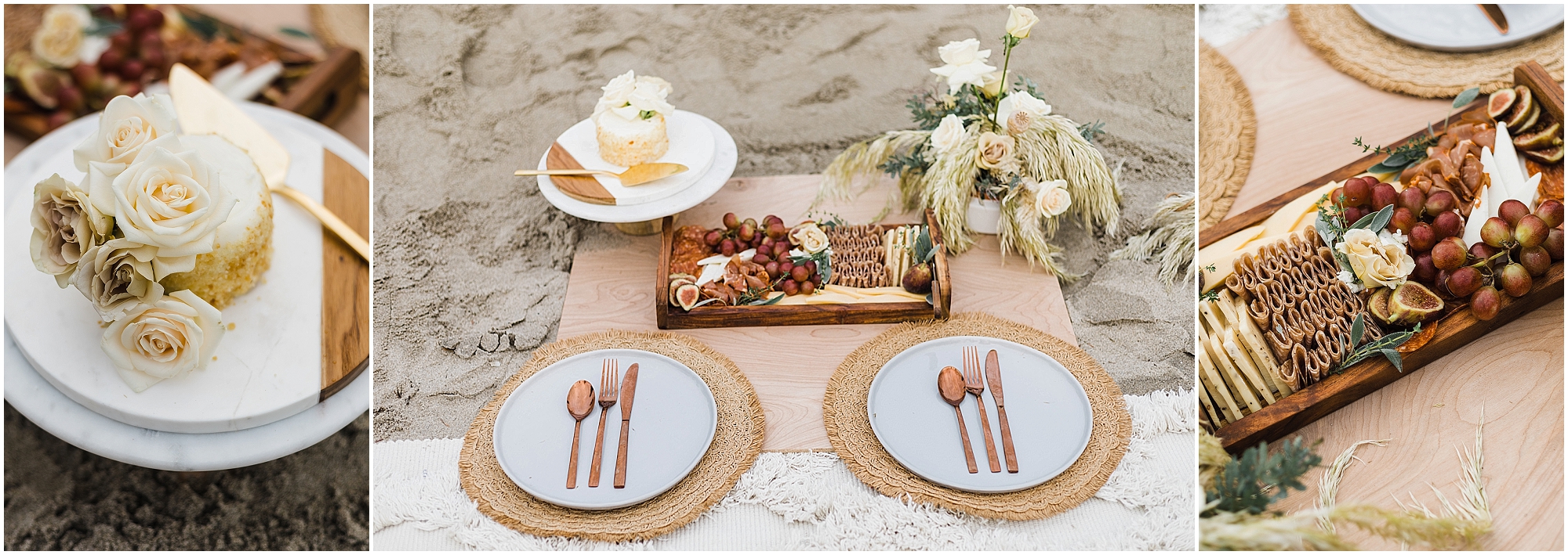 A romantic picnic on the beach featuring a charcuterie board, cake and champagne. A lovely sitting area with cream pillows, a white rug and beautiful florals decorate the sand for an intimate Oregon Coast elopement at Proposal Rock. | Erica Swantek Photography