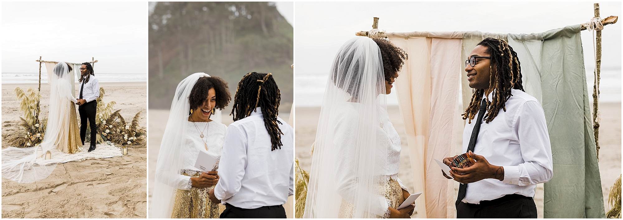 A black couple say their vows on the Proposal Rock beach in Neskowin for their Oregon Coast elopement. | Erica Swantek Photography