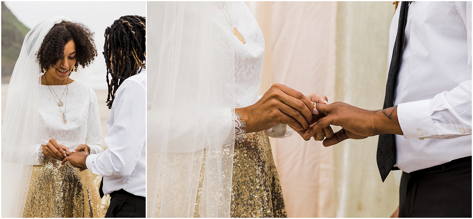 A bride wearing a white top and gold sequined skirt places the ring on her groom's finger during their intimate Oregon Coast elopement near Lincoln City. | Erica Swantek Photography