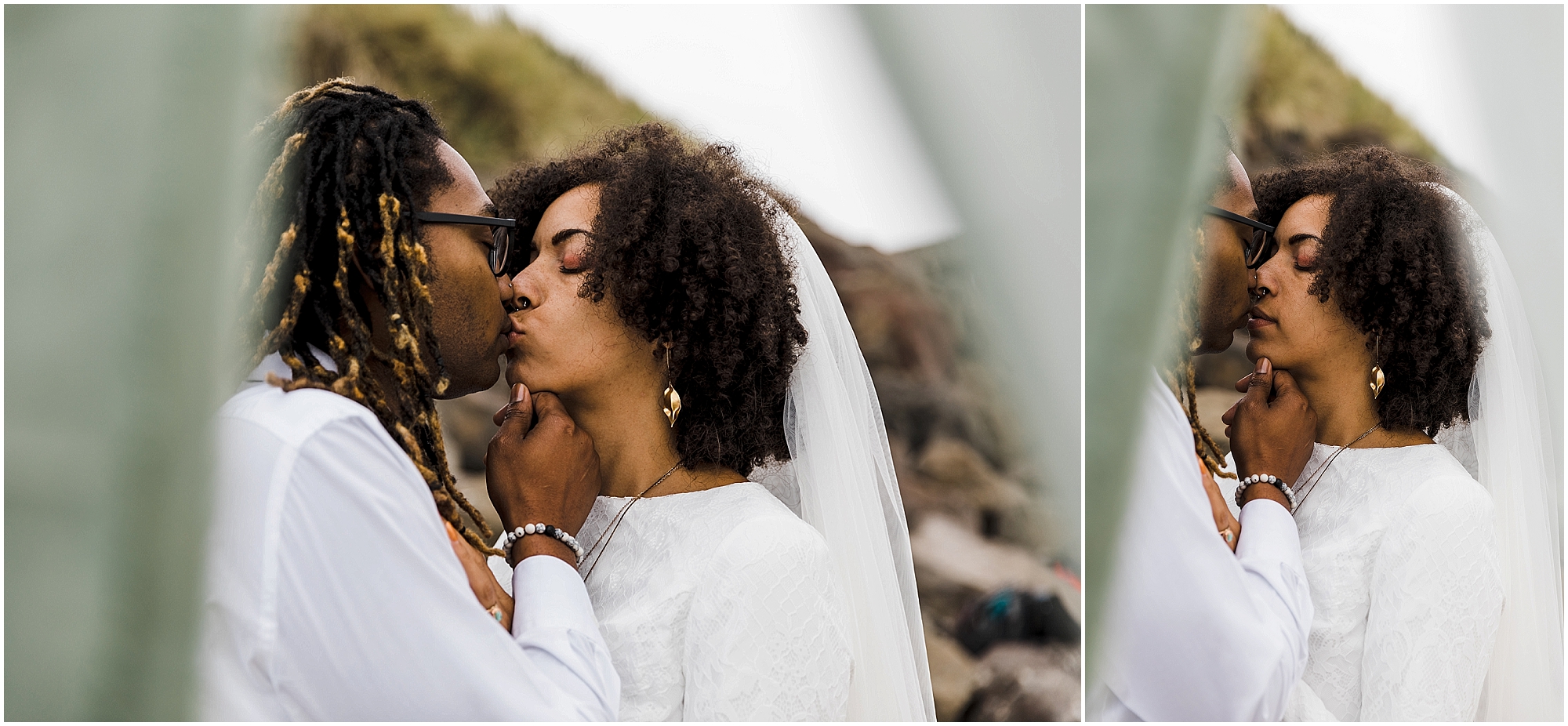A beautiful BIPOC couple is kissing while green silk ribbons from their wedding ceremony alter frame their faces at their Oregon beach wedding. | Erica Swantek Photography