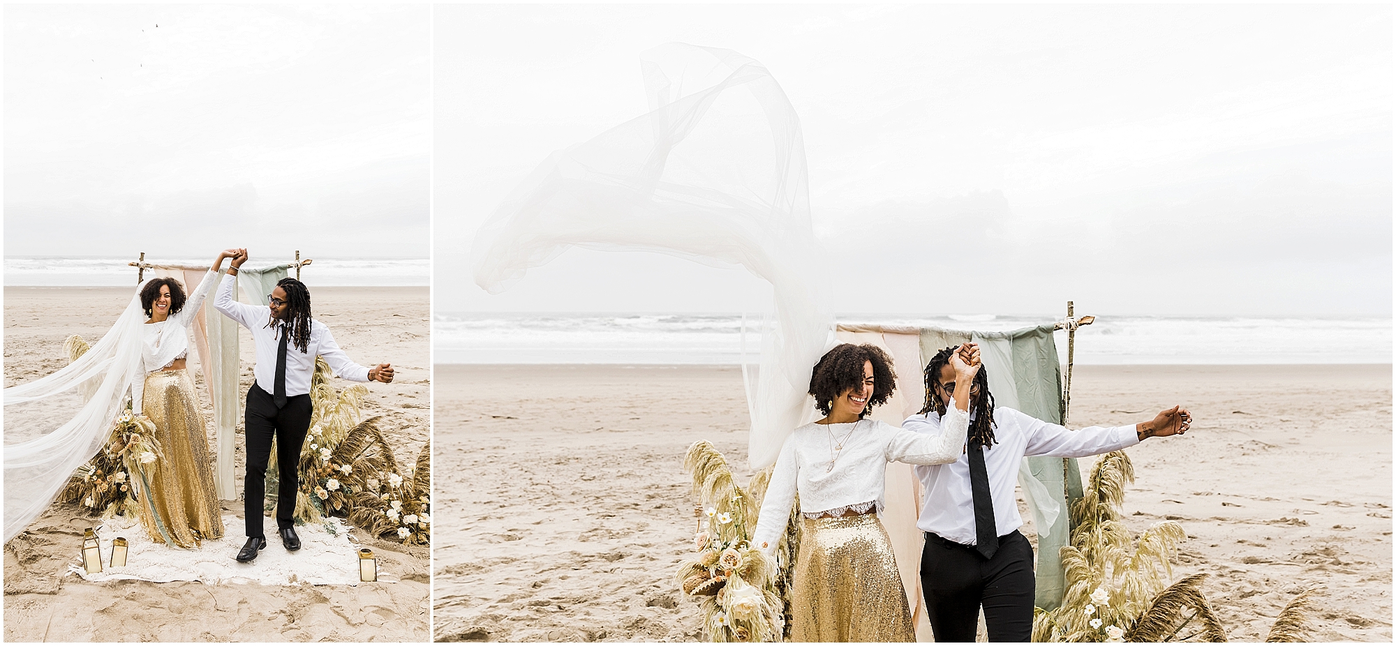 A black couple celebrates throwing their hands up in the air after they said their wedding vows on the beach of their Oregon Coast elopement. | Erica Swantek Photography