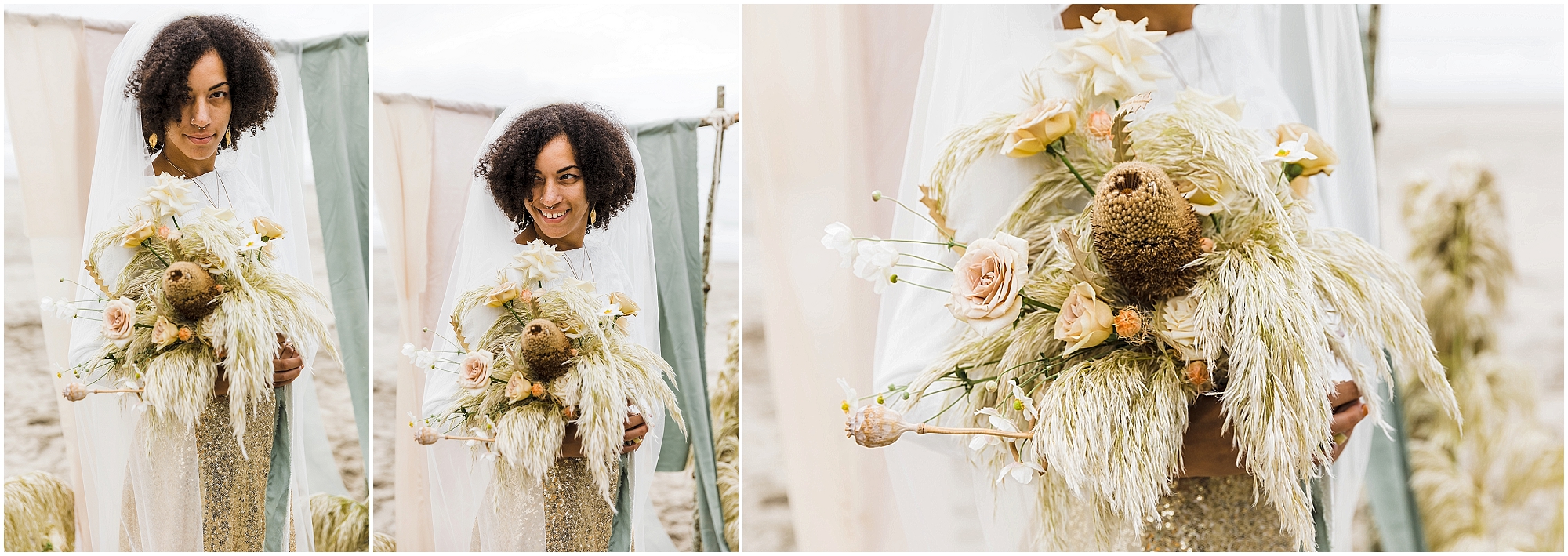 A black bride stands on the beach in front of her wooden arch draped in silk ribbons holding her bouquet after her ceremony for her Oregon Coast elopement. | Erica Swantek Photography