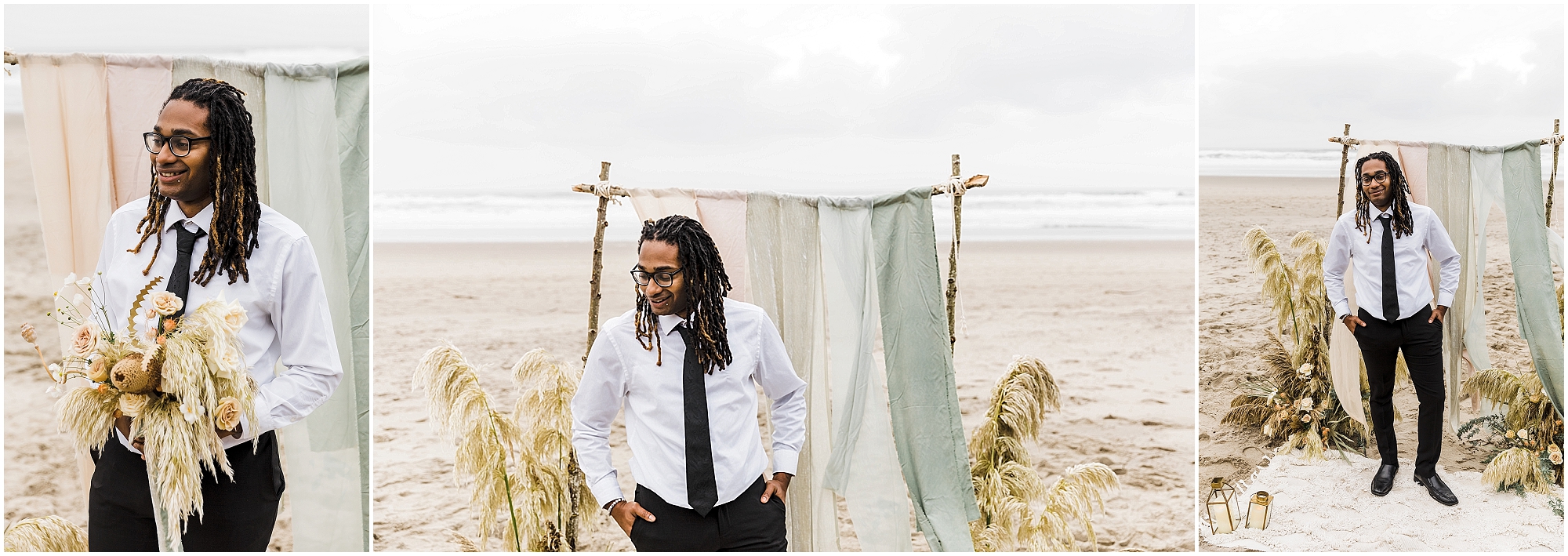 A black groom stands in front of the wooden arch draped in silk ribbons on the beach near Proposal Rock for his Oregon Coast elopement. | Erica Swantek Photography