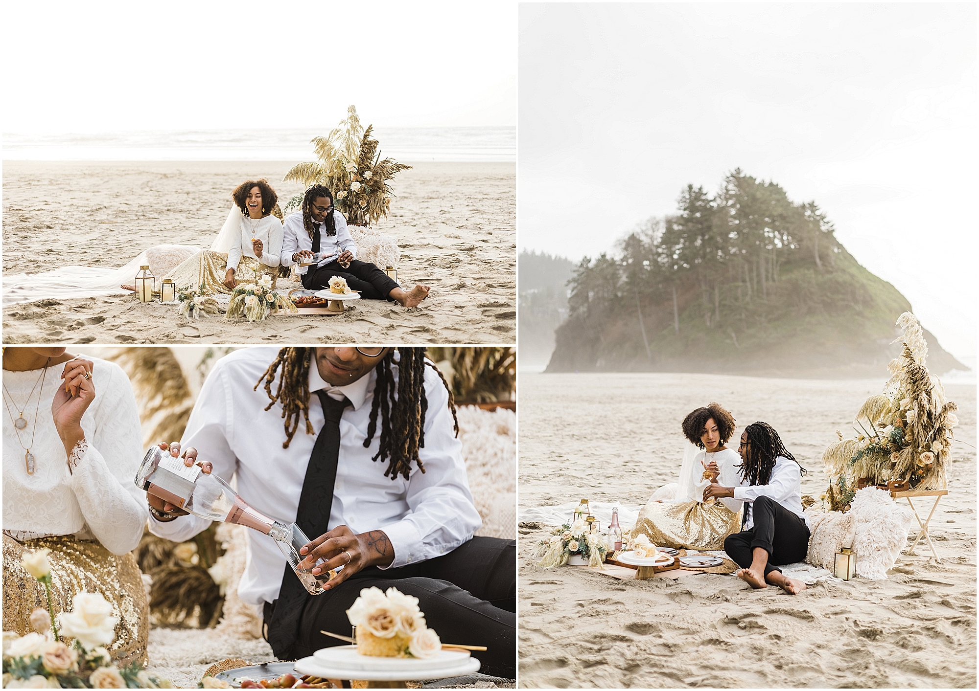 A black couple sits barefoot on the beach in the sand enjoying a romantic picnic with a charcuterie board, cake and champagne. A lovely sitting area with cream pillows, a white rug and beautiful florals decorate the sand for an intimate Oregon Coast elopement at Proposal Rock. | Erica Swantek Photography