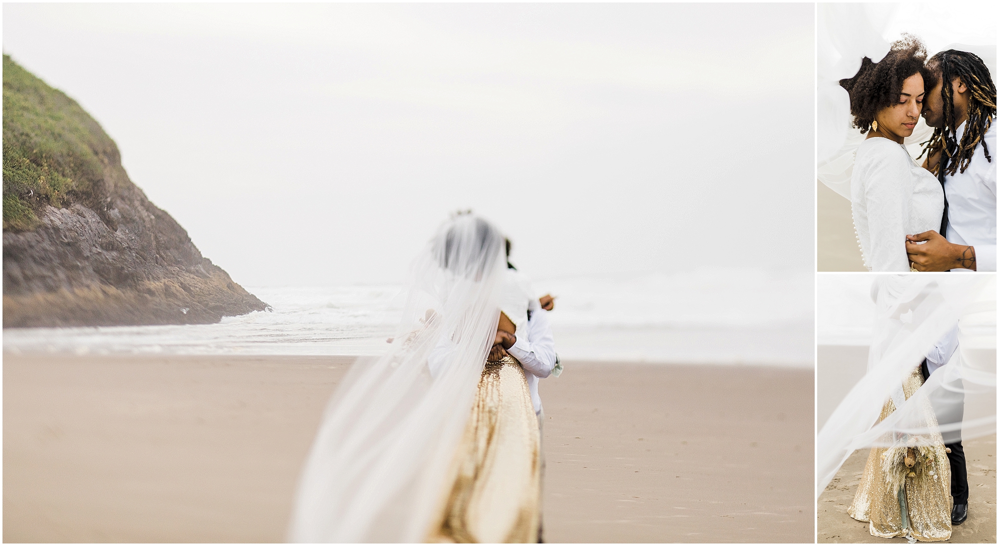 A BIPOC couple plays on the beach in the bride's long white veil during their Oregon Coast elopement. | Erica Swantek Photography