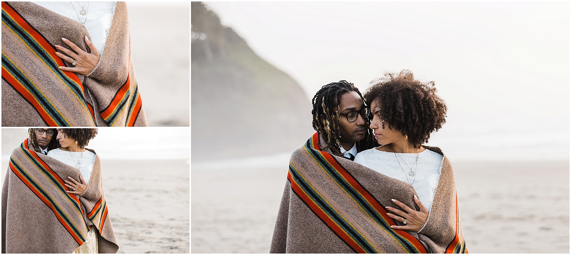 A black couple wrapped in a beautiful Pendelton blanket embraces on the beach after their intimate Oregon Coast elopement at Proposal Rock in Neskowin. | Erica Swantek Photography