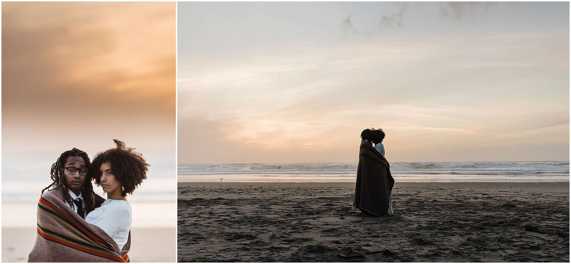 The sun sets over the Pacific Ocean creating a beautiful orange glow as a couple stays warm wrapped in a Pendleton blanket on their Oregon Coast elopement day. | Erica Swantek Photography